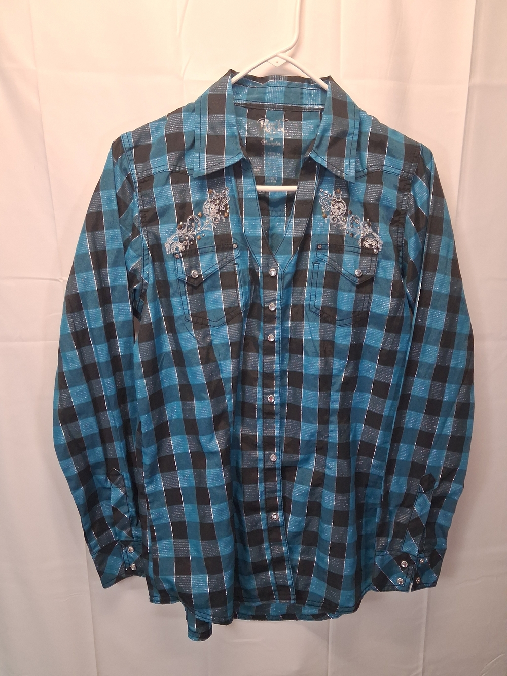Rock by Wrangler Blue and Black Plaid Button-Down Shirt with Silver Accents